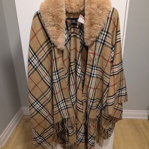 V. FRAAS Beige and Black Plaid Poncho with Faux Fur